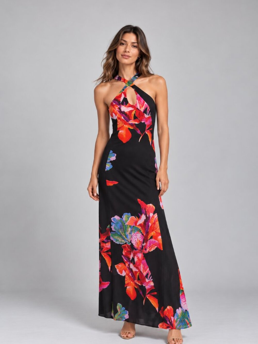 Anthropologie Maeve Cayman 100% Silk Floral Halter Maxi Dress Black Small